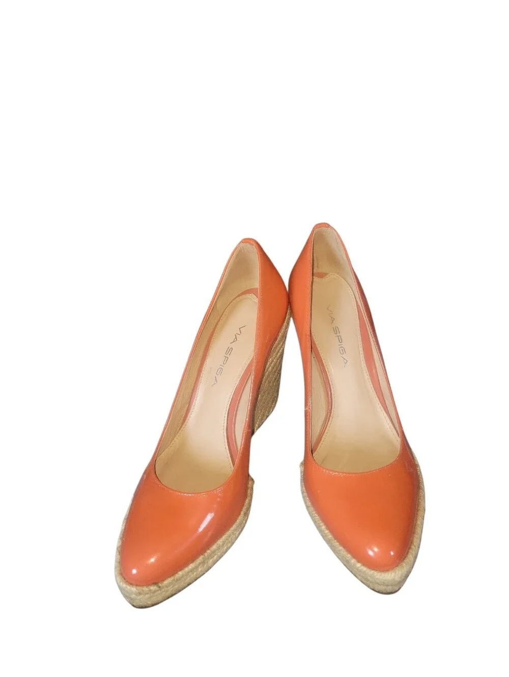 Via Spiga Vibrant  Orange Patent Leather Wedge Espadrille Woven Jute Sole 8